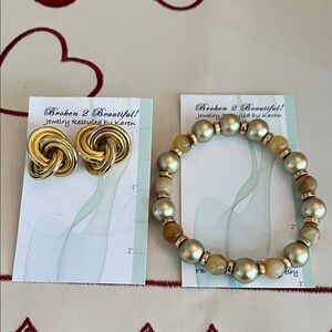 Gold Knot Earrings and Beaded Bracelet Set